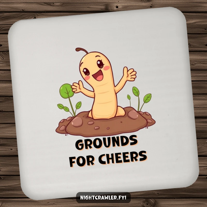 Funny coaster: cute earthworm popping out of the ground and waving. Protects surfaces humorously.