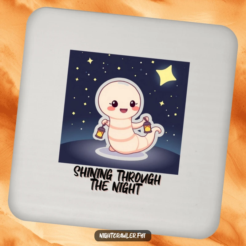 Funny Drink Coasters illustrating a happy worm with a small lantern, traversing a dark, star-filled night, protecting surfaces stylishly.