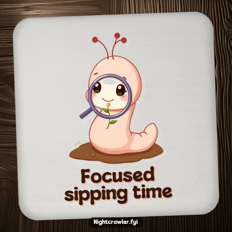 Funny drink coaster showing a cute worm character examining a tiny sprout with a magnifying glass, adding humorous protection.