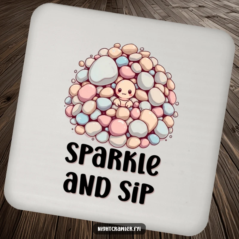 Funny coaster: small worm peeking from huge sparkling pebbles. Protects surfaces with humor.