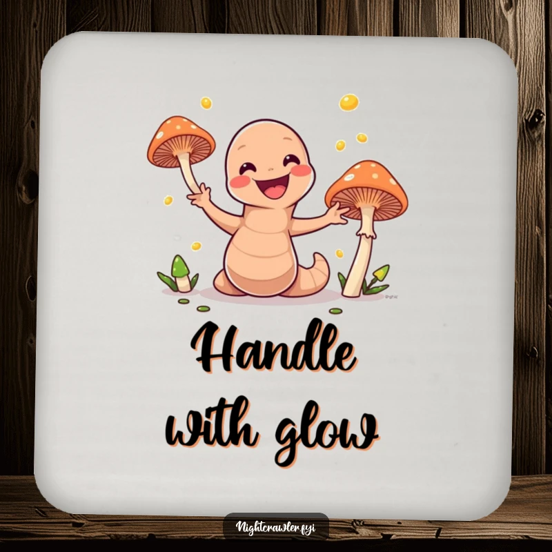 Funny drink coaster featuring a whimsical earthworm juggling glowing mushrooms, protecting surfaces with a humorous and magical design.