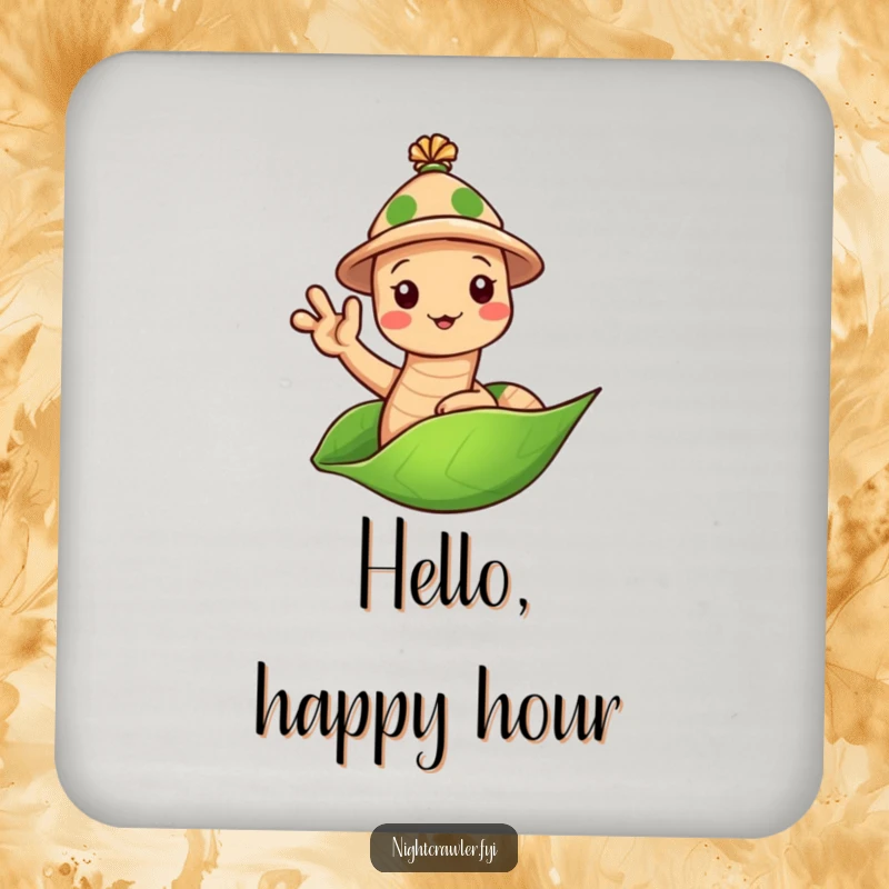 Funny Earthworm Hat Coaster: Cute worm in a tiny hat waving hello from a leaf, protecting your table, a humorous coaster.