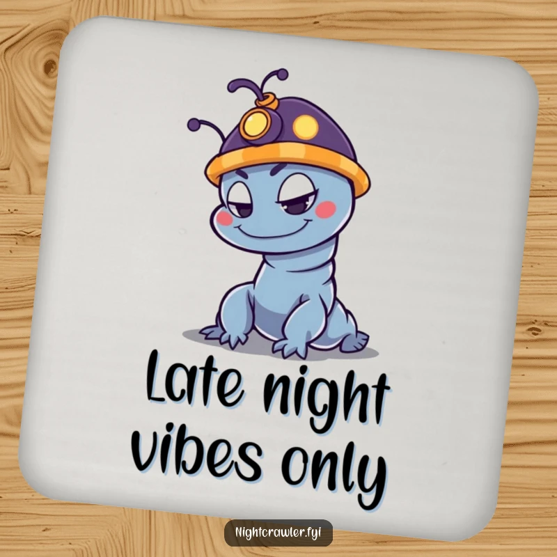 Funny night crawler drink coaster showing a mischievous character with a glowing hat, protecting surfaces with humor.