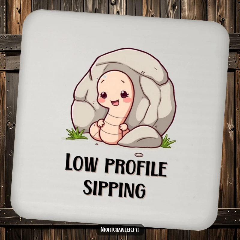 Funny drink coaster with a shy earthworm peeking from behind a pebble, providing surface protection with a charming and humorous design.