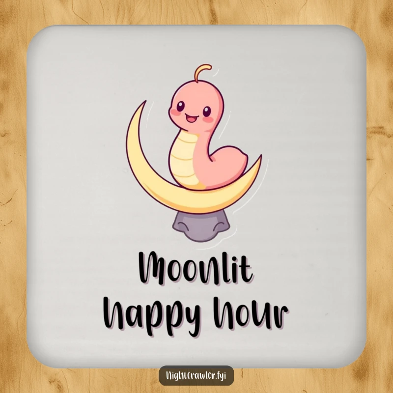 Funny drink coaster showing a grinning kawaii worm balancing on a crescent moon, adding humorous protection.