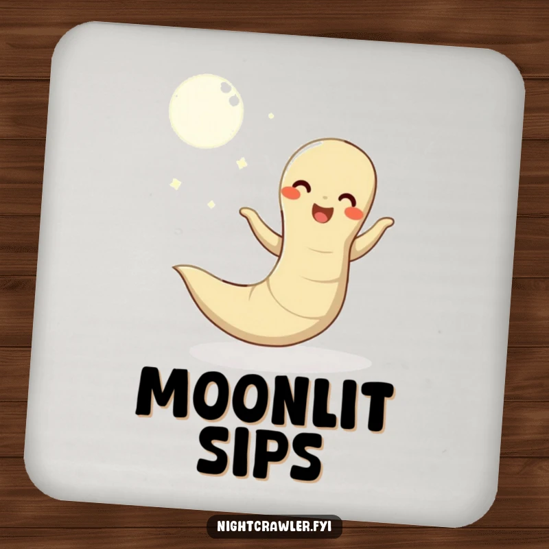 Funny drink coaster with a happy earthworm dancing under the moon, providing surface protection with a delightful and humorous design.