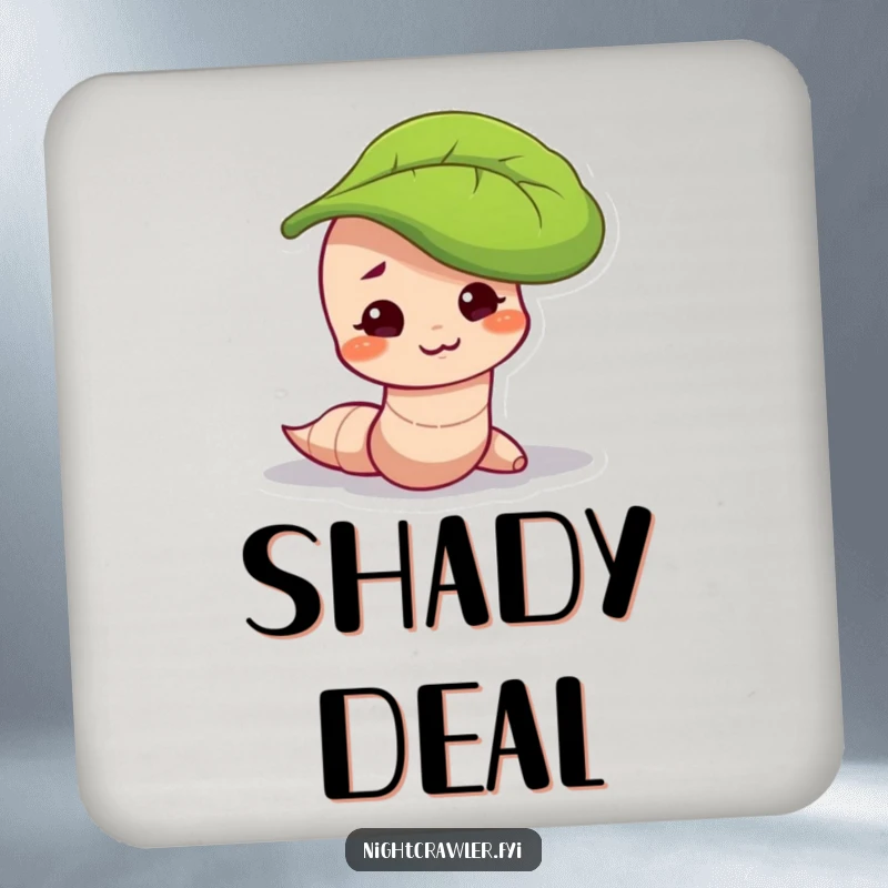 Funny drink coaster showing a worm character with a mischievous smirk, peeking out from under a leaf, adding playful charm.