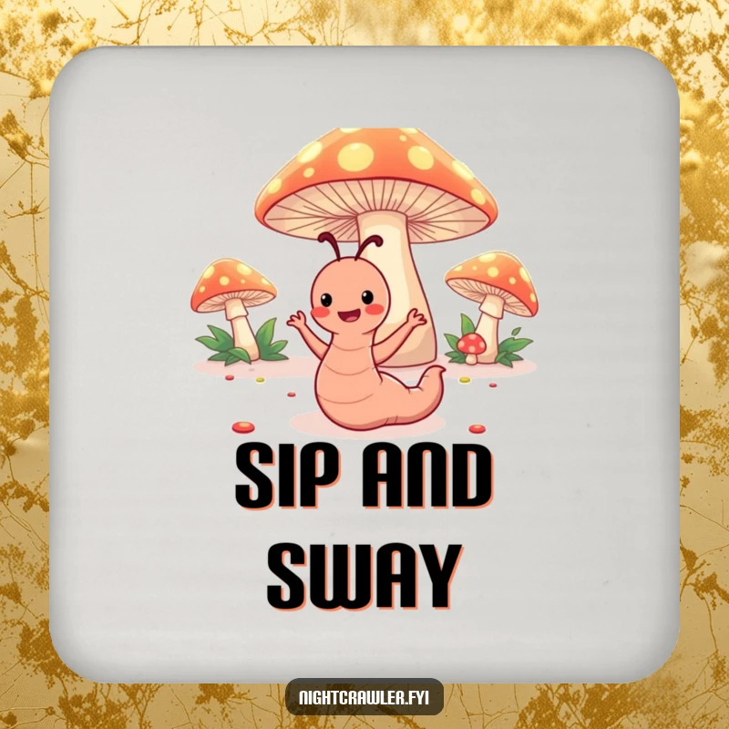 Funny drink coaster showing a happy worm character dancing under glowing toadstools, adding humorous protection.