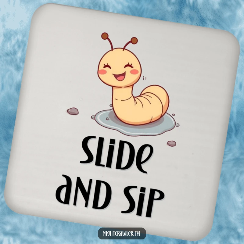 Funny drink coaster featuring a happy worm character sliding down a pebble, protecting surfaces with a side of humor.