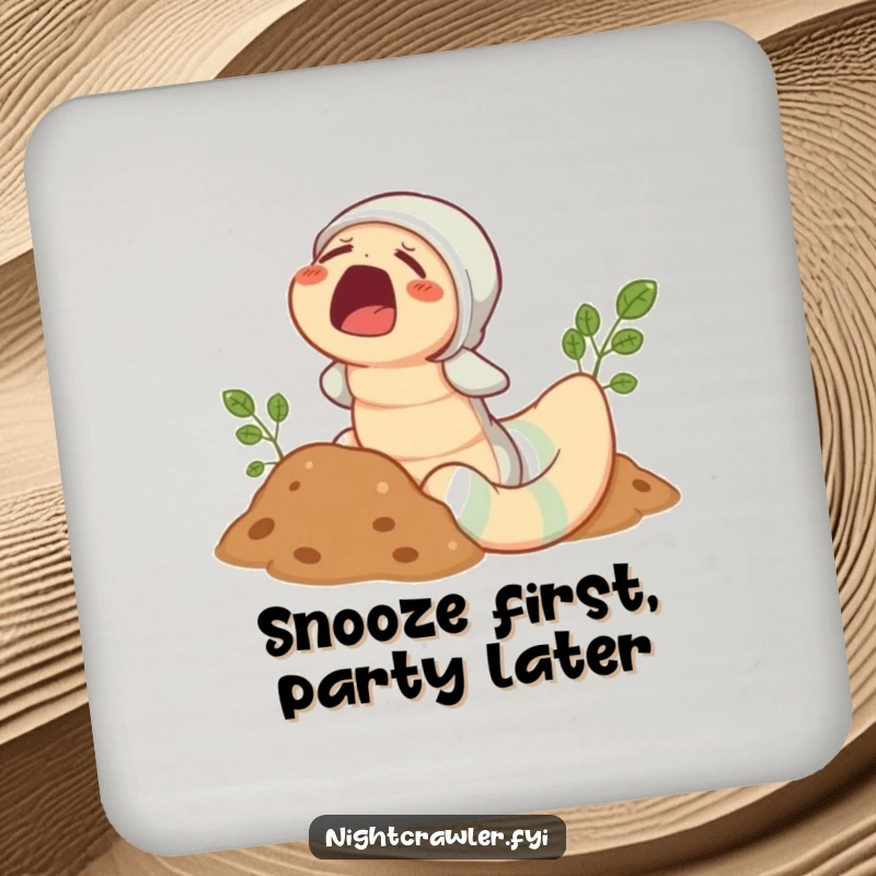 Funny Earthworm Pajama Coaster: Sleepy worm in pajamas peeking from soil, protecting your table, a humorous coaster.