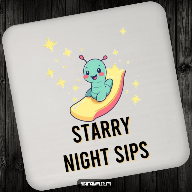 Funny smiling worm character zooming down a slide made of starlight, adding humor and protection with these coasters.