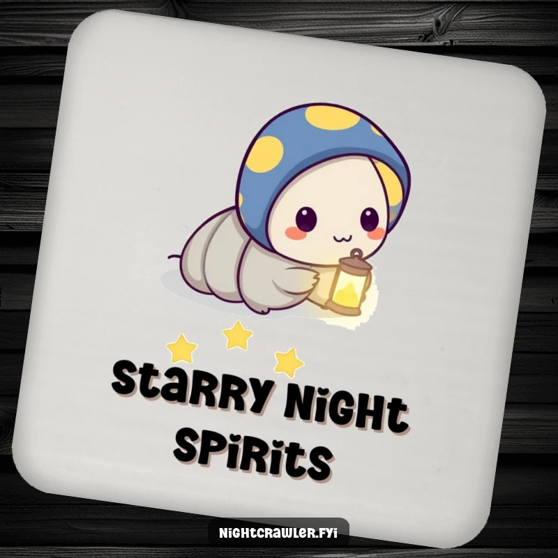 Funny drink coaster with a night crawler character holding a lantern and lighting a path of stars, adding celestial guidance to tables.