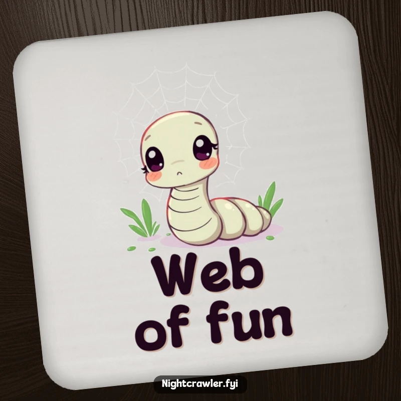 Funny drink coaster featuring a kawaii worm character looking curious at a shimmering spider web, a protective and charming accent.