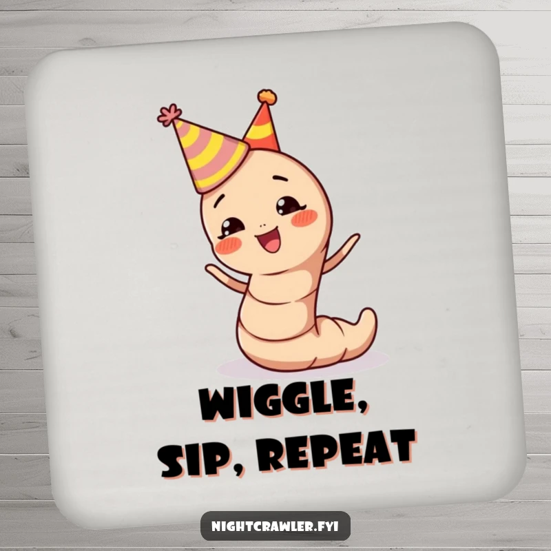 Funny earthworm drink coasters with a character wearing a party hat, wiggling with pure excitement for your next gathering.