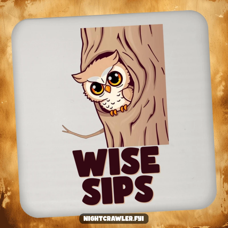 Funny Owl Gaze Coaster: A little owl character peeks from a tree hollow with bright eyes, a humorous and functional accessory.