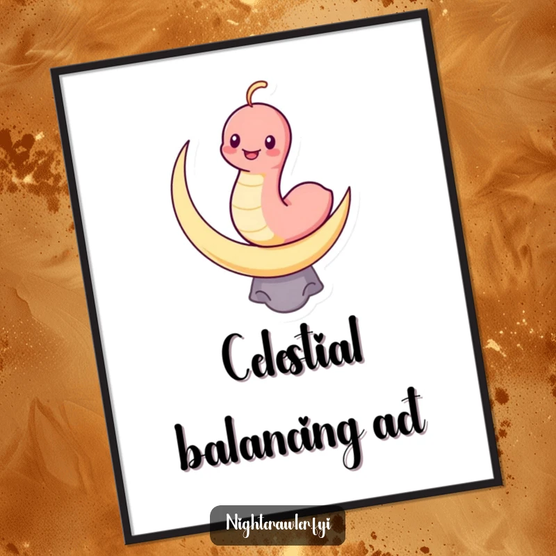 Funny poster print of a grinning kawaii worm balancing on a crescent moon, creating a humorous and charming celestial scene.