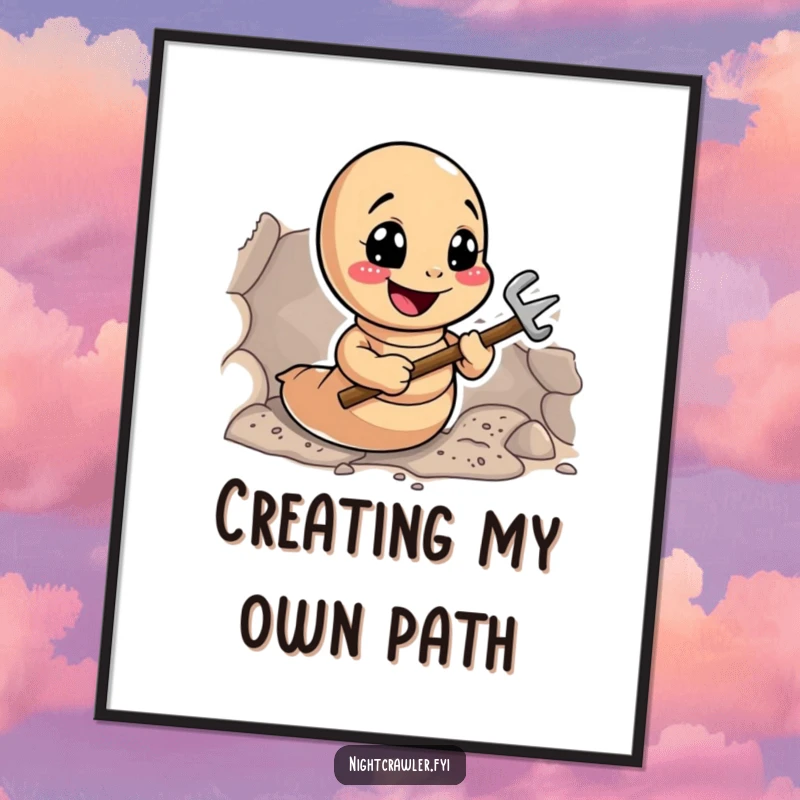 Funny Earthworm Digger Poster: Smiling worm with tiny tools digging a tunnel, a humorous and motivational wall art.