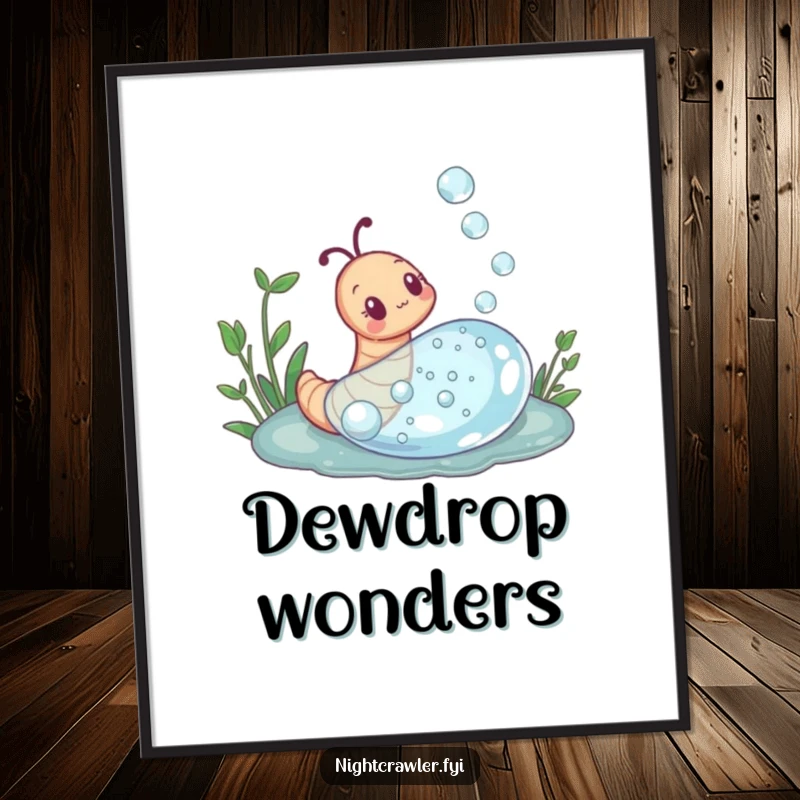 Funny poster illustrating a curious earthworm gazing into a giant dewdrop with wonder, creating a visually enchanting and humorous piece.
