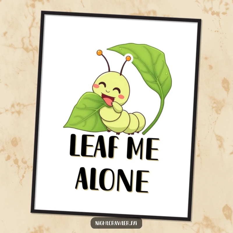 Funny caterpillar poster depicting a happy character joyfully eating an oversized leaf, celebrating delicious food.