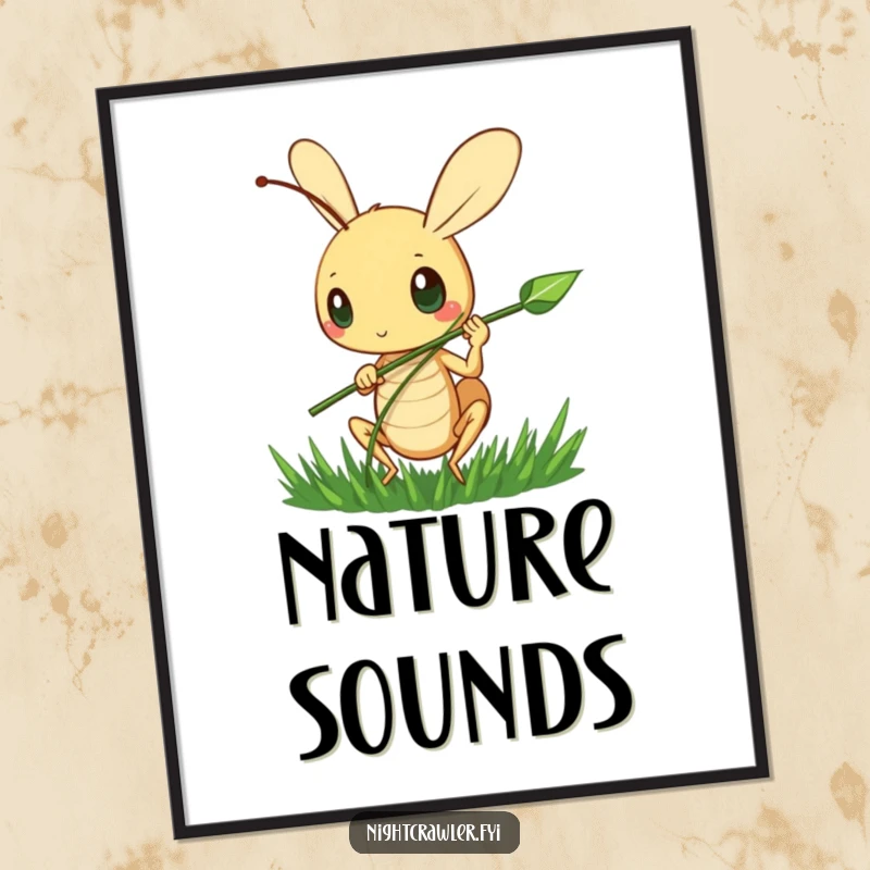 Funny Cricket Concert Poster: A cute cricket character happily strums a blade of grass, a whimsical and funny artwork.