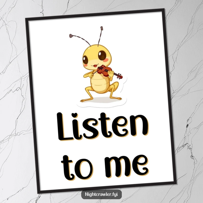 Funny cricket poster depicting a cute character playing a miniature violin with spirited gusto, creating a lively scene.