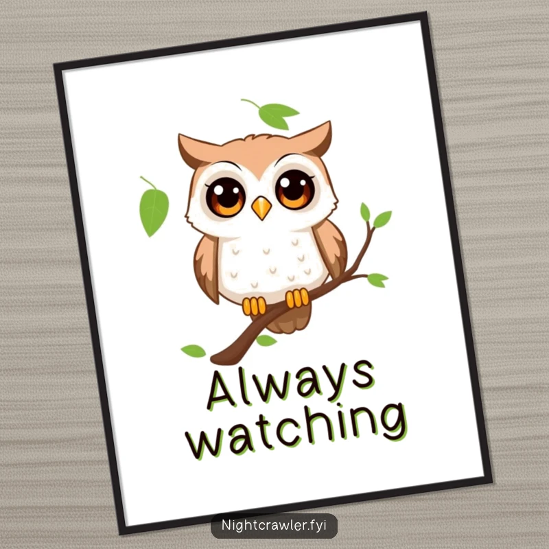 Funny owl poster illustrating a curious character with wide, wondering eyes perched on a branch, capturing a moment of awe.