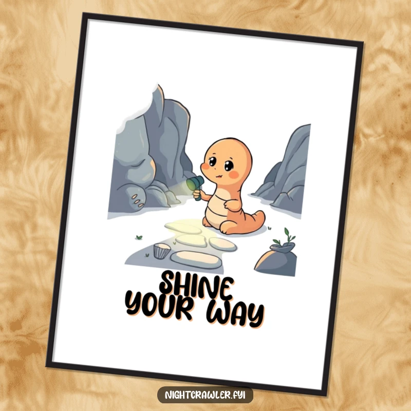 Funny poster illustrating an earthworm with a flashlight lighting a dark path, creating a visually hopeful and humorous piece.