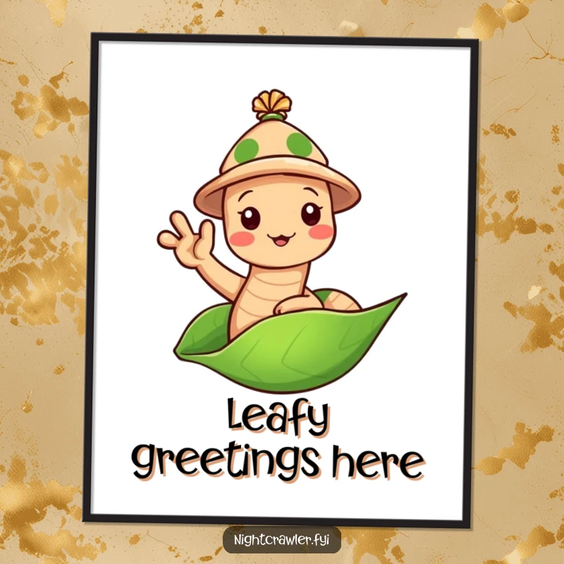 Funny Earthworm Hat Poster: Cute worm in a tiny hat waving hello from a leaf, a humorous and welcoming wall art.