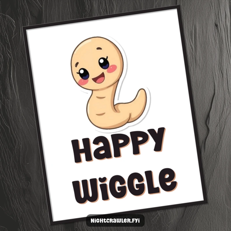 Funny earthworm poster depicting a cute, speedy earthworm character with a massive, happy smile, adding cheerful vibes to decor.