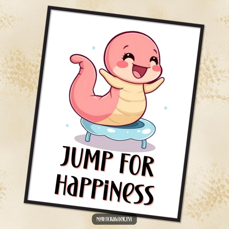 Funny Earthworm Trampoline Poster: Happy worm energetically bouncing on a dewdrops like a trampoline, a humorous wall art.