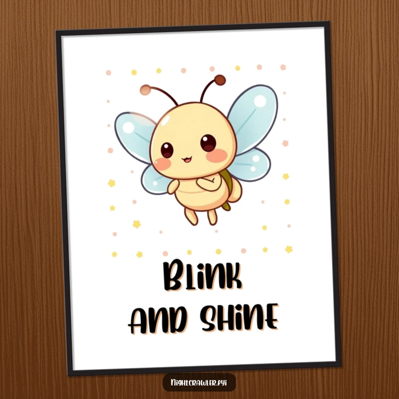 Funny Poster: Art print of a playful firefly blinking its light in a cheerful pattern, evoking happiness and light.