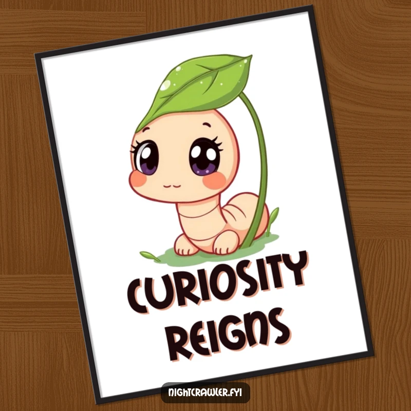 Funny poster art of a cute worm character peeking from a dewy leaf with wide, curious eyes, creating a humorous and heartwarming statement piece.