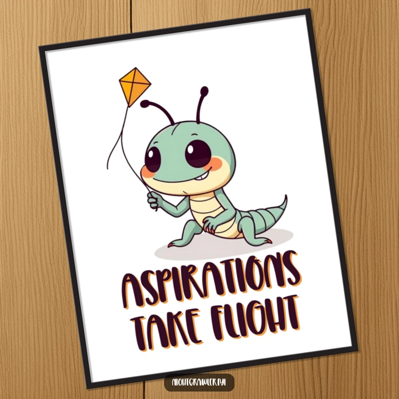 Funny poster art of a goofy night crawler with a huge grin, enthusiastically trying to fly a tiny kite, embodying hopeful effort.