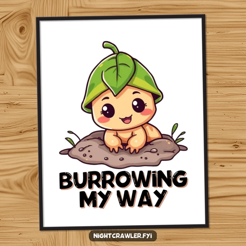 Funny poster art of a cheerful night crawler in a leaf cap, peeking out of its burrow with a friendly smile, inviting connection.