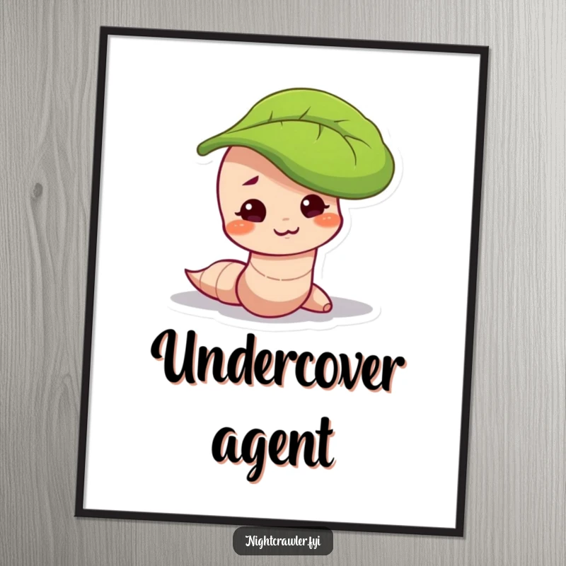 Funny poster of a worm character with a mischievous smirk, peeking out from under a leaf, suggesting playful secrets.