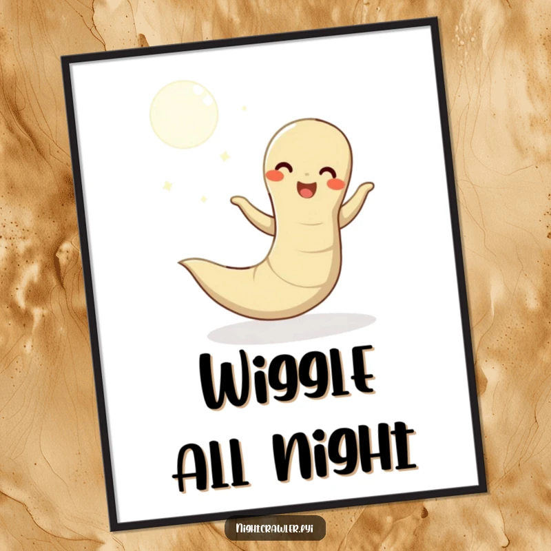 Funny poster showcasing a happy earthworm gracefully dancing under a beautiful moon, bringing a peaceful and humorous vibe to any room.