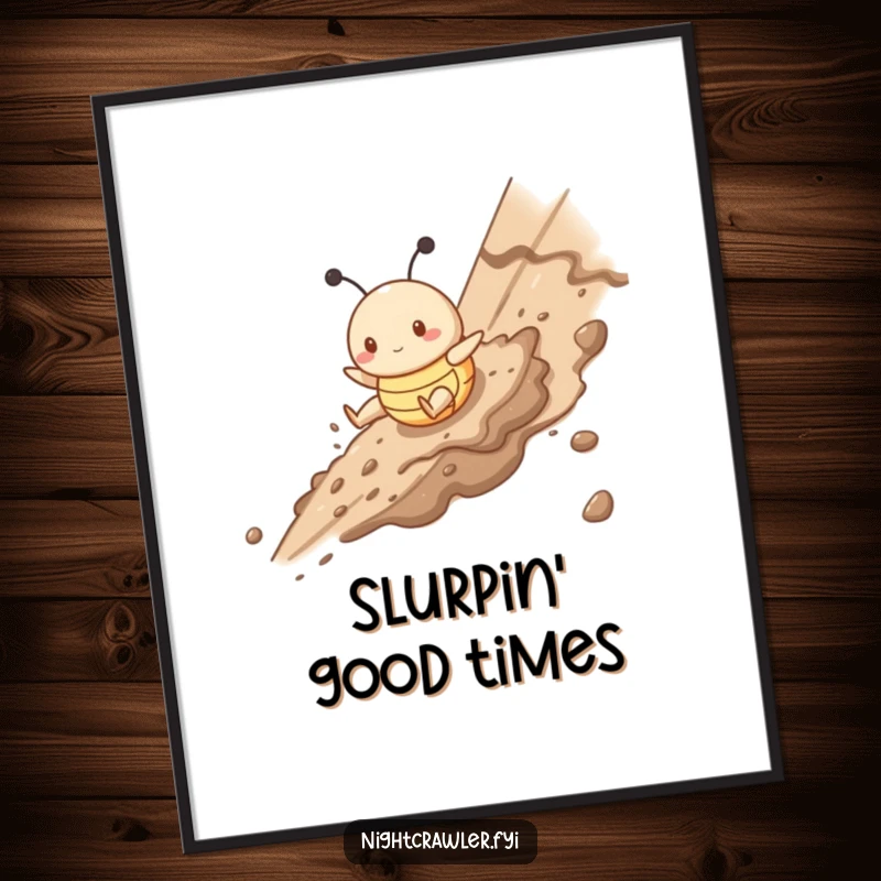 Funny poster print of a cute buggy character gleefully sliding down a muddy slope, celebrating messy, adventurous fun.