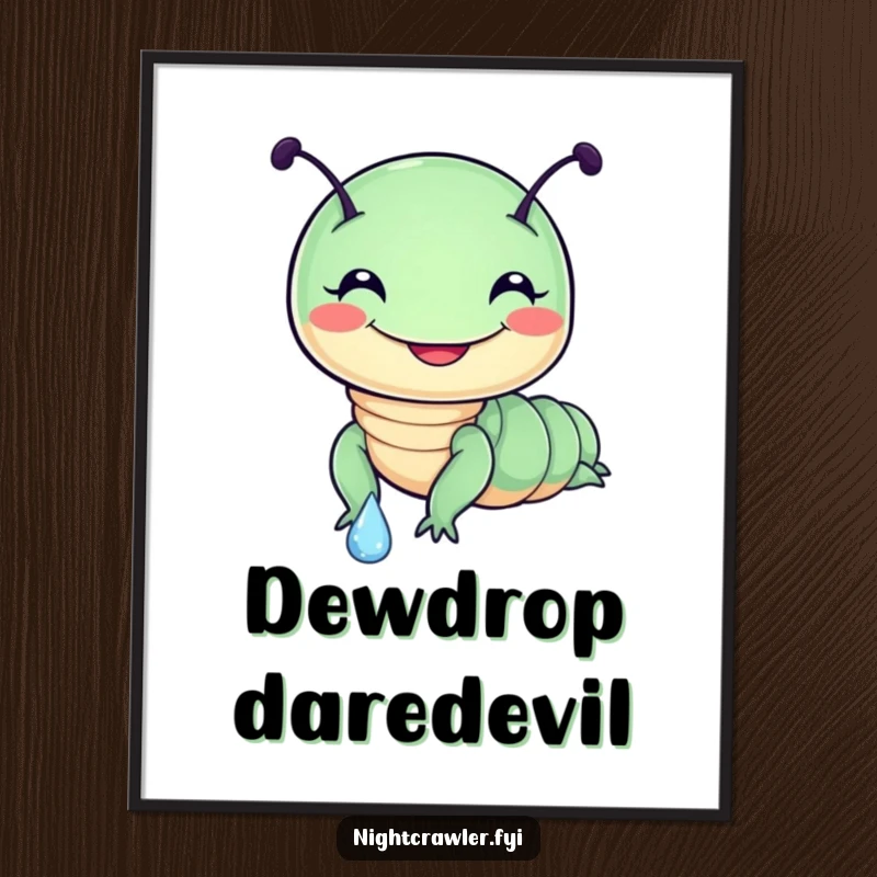 Funny poster art of a cute, round night crawler character with a massive grin, joyfully sliding down a large dewdrop, full of glee.