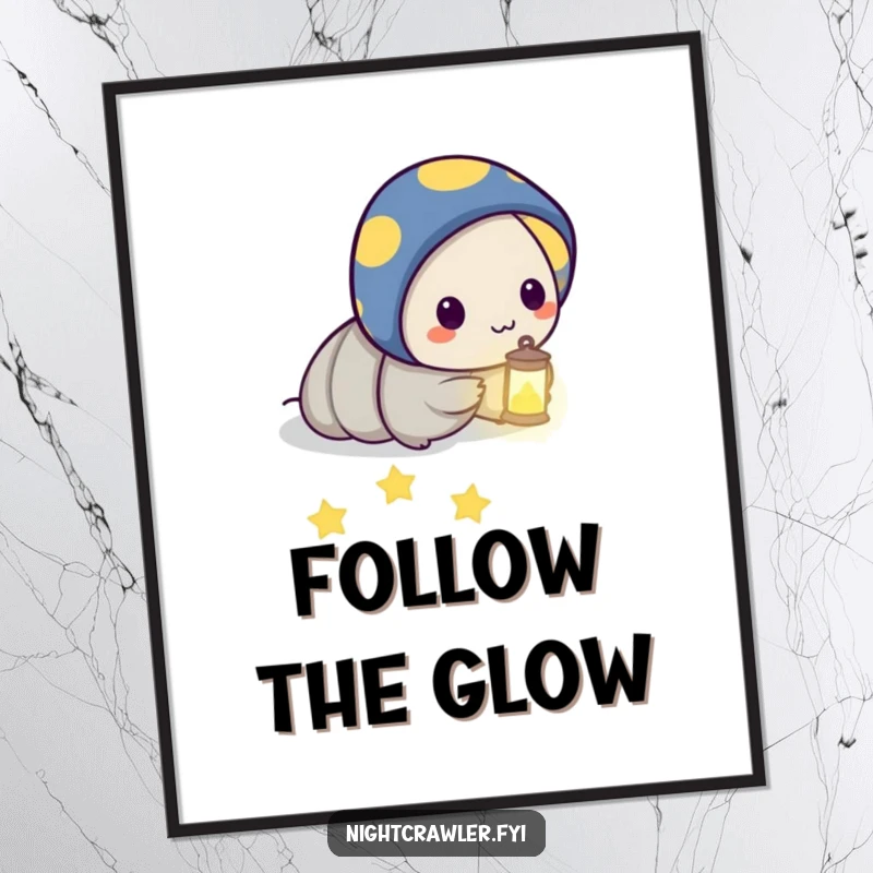 Funny poster illustration of a night crawler character holding a tiny lantern, lighting a pathway of glowing stars, symbolizing wonder and direction.