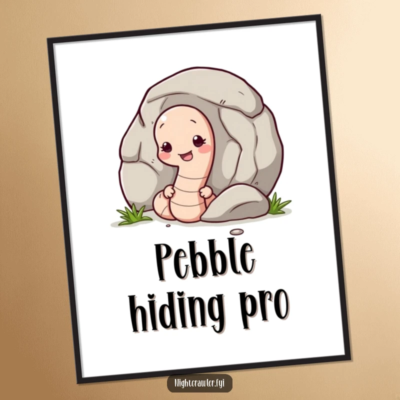 Funny poster illustrating a shy earthworm peeking from behind a large pebble, creating a heartwarming and humorous visual piece.