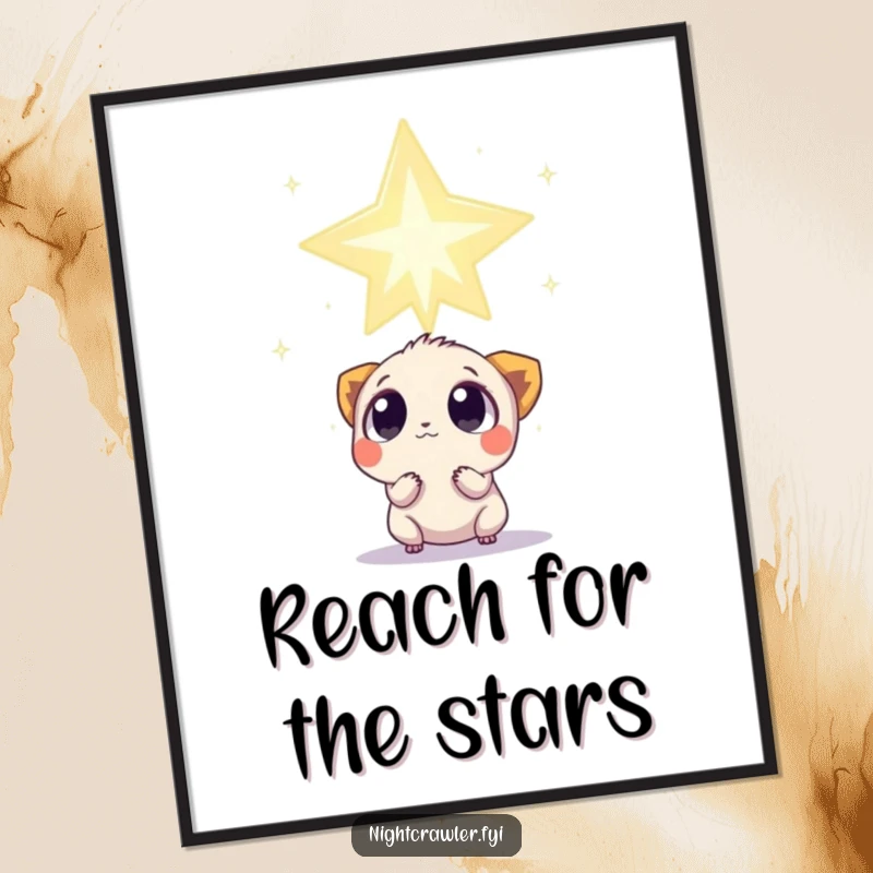 Funny Poster: A small creature with wide, curious eyes gazes at a colossal, twinkling star, creating celestial wall art.