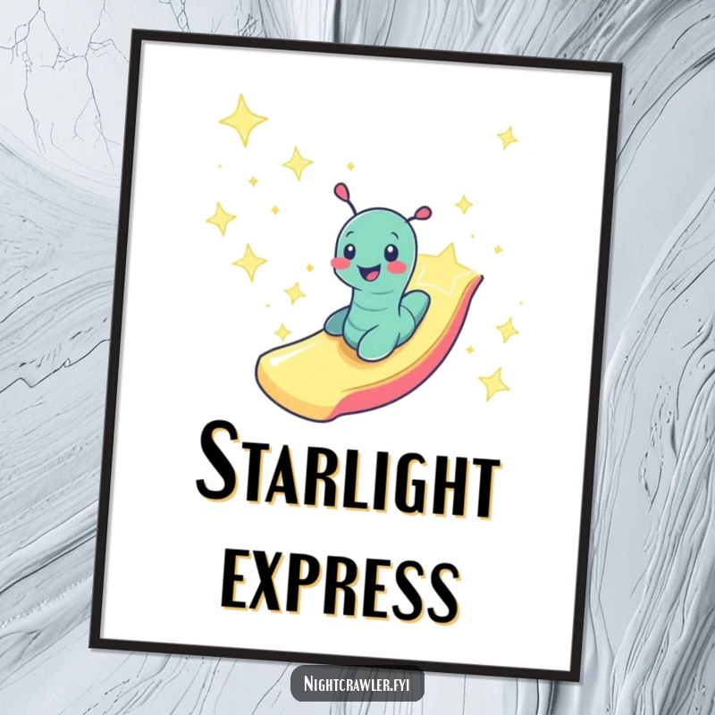 Funny smiling worm character speeding down a slide made of shimmering starlight, creating a magical scene on this poster.