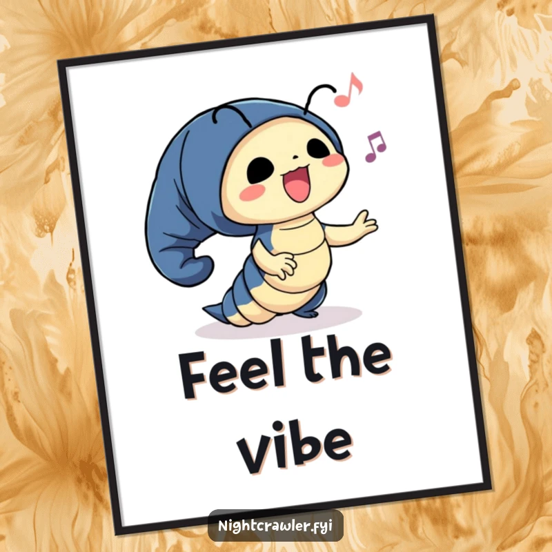 Funny poster depicting a cute night crawler character joyfully swaying to imaginary music, capturing a moment of pure musical bliss.