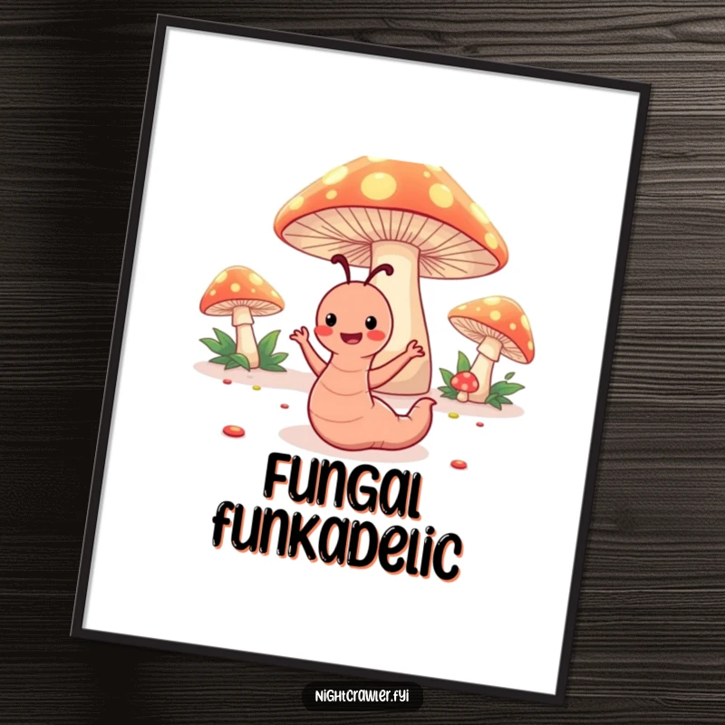 Funny poster print of a happy worm character dancing under glowing toadstools, creating a humorous and enchanting forest scene.