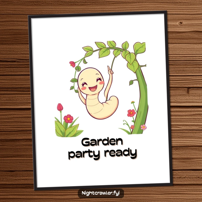 Funny poster illustration of a gleeful worm character swinging joyfully on a thick vine in a blooming garden environment.