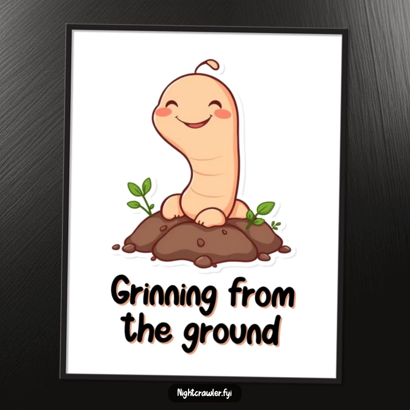 Funny Earthworm Poster: A cheerful earthworm emerges from the soil, sporting a wide grin; a humorous piece of garden-themed art.