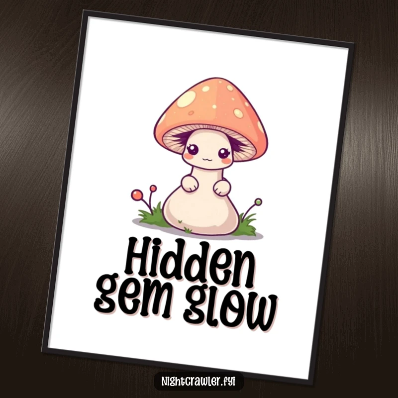 Funny worm poster depicting a shy worm peeking from a small, glowing mushroom cap, adding enchanting humor to decor.