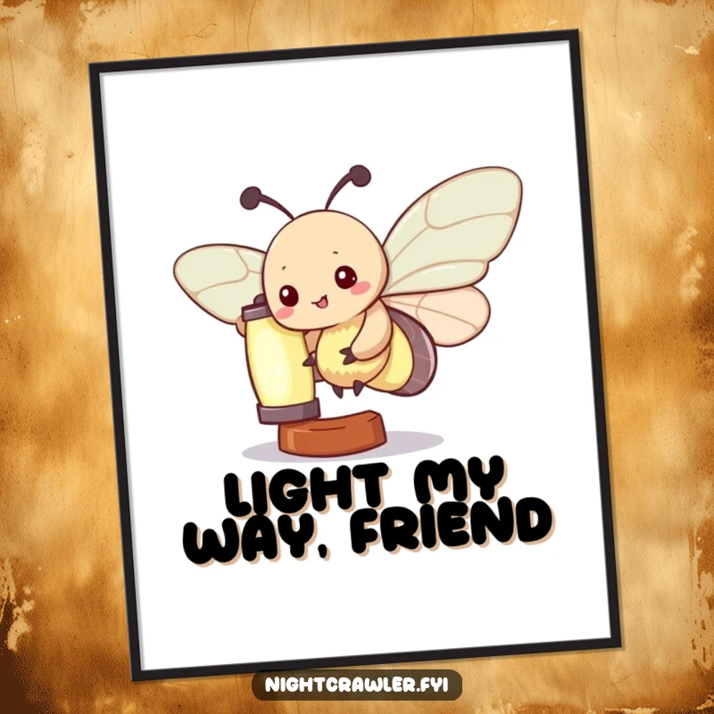 Funny Kawaii Moth Poster: A charming kawaii moth character is shown fluttering playfully around a radiant glowing lantern; a humorous wall art piece.