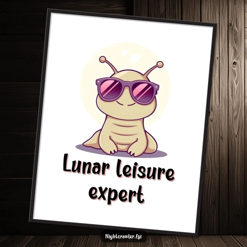 Funny poster art of a happy slug wearing cool sunglasses under the moonlight, an artistic and funny gift for decor.