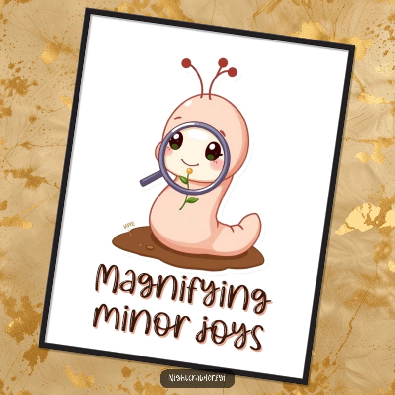 Funny poster print of a cute worm character examining a tiny sprout with a magnifying glass, creating a humorous scene of detailed observation.